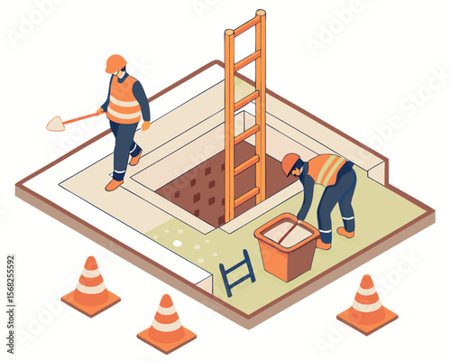 Workers installing underground aerobic treatment system for domestic wastewater management isometric concept.