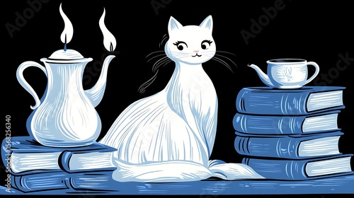 White cat sitting amongst books and tea set.