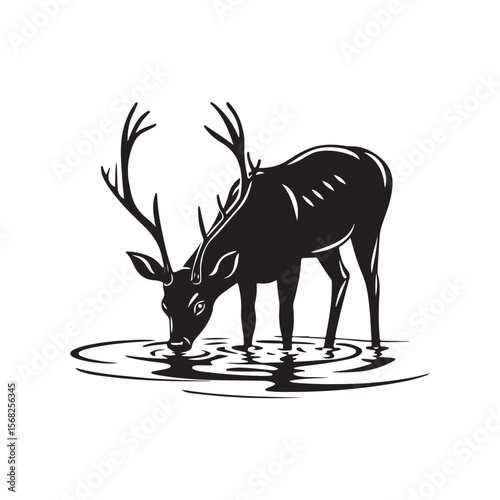 Deer Drinking Water Silhouettes, A deer Drinking Water in a shallow river animal vector silhouette, silhouettes of a deer drinking water vector art illustration