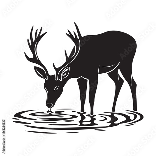 Deer Drinking Water Silhouettes, A deer Drinking Water in a shallow river animal vector silhouette, silhouettes of a deer drinking water vector art illustration