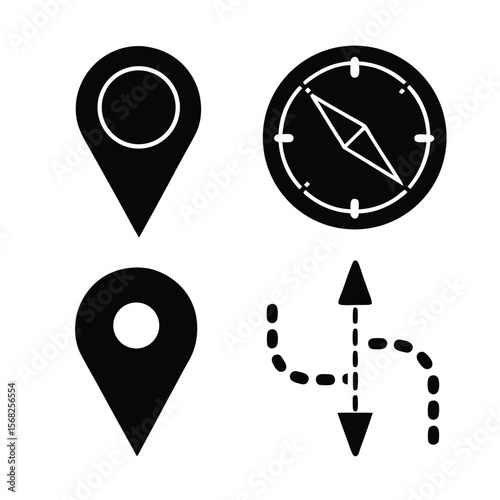 Black G P S pin compass and route icons navigation