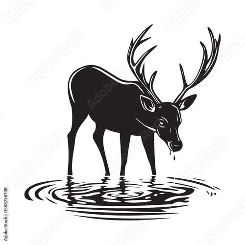 Deer Drinking Water Silhouettes, A deer Drinking Water in a shallow river animal vector silhouette, silhouettes of a deer drinking water vector art illustration