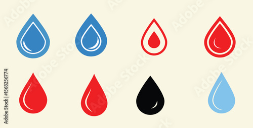 Collection of Eight Colorful Water Drop Icons Blue, Red, and Black Variations for Design Projects