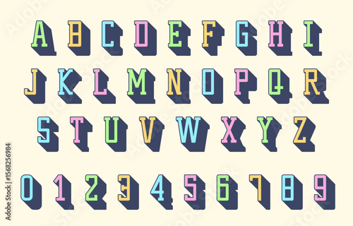 Multicolor Shadow Serif Alphabet and Numbers on Beige Background