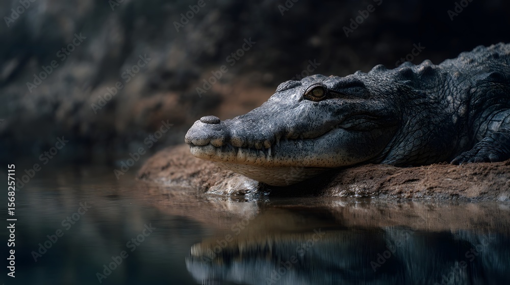 Fototapeta premium Crocodile resting near riverbank with daylight reflection