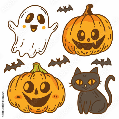 Scary Halloween pumpkin set with cartoon ghosts, bats, and spiders for an autumn holiday celebration
