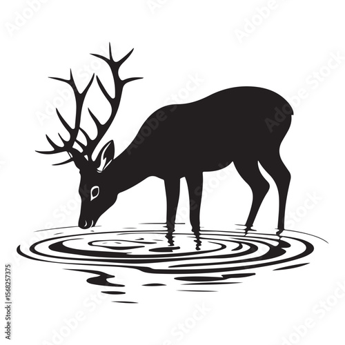 Deer Drinking Water Silhouettes, A deer Drinking Water in a shallow river animal vector silhouette, silhouettes of a deer drinking water vector art illustration