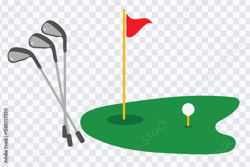 Golf green course with flag, flagstick, golf clubs and golf ball icon. Vector illustration.