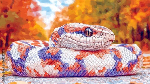 Vibrant snake with colorful scales in autumnal foliage.