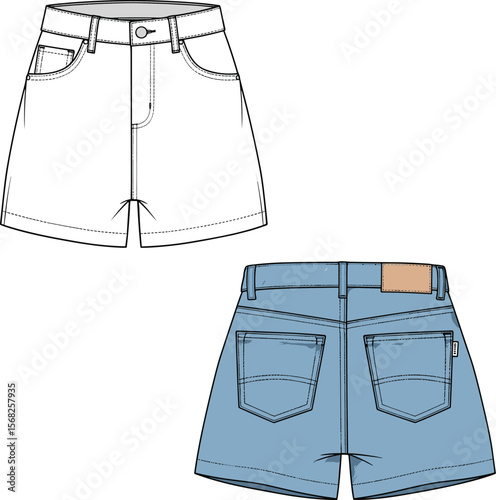 Minimalist Denim Shorts with Pockets and Clean Lines, Fashion Illustration
