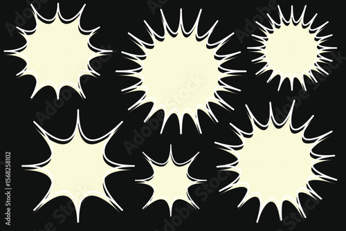 Cartoon starburst speech bubbles collection on black background. Vector illustration.