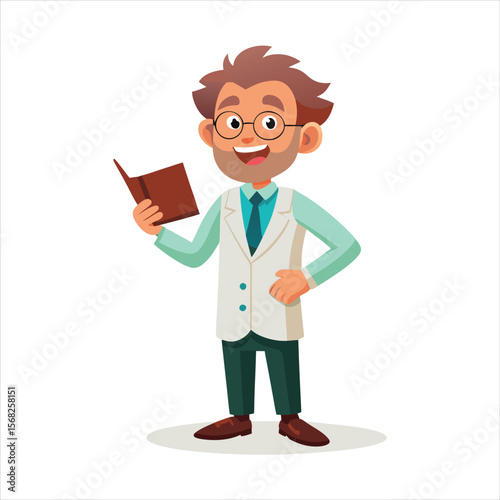 Cartoon scientist is reading a book isolated on white background
