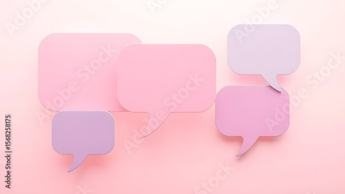 Abstract composition of floating speech bubbles against a soft pastel gradient background.