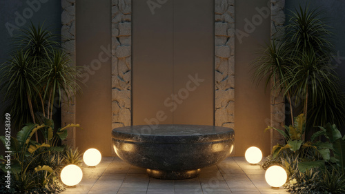 Dark stone pedestal illuminated by globe lights luxury
