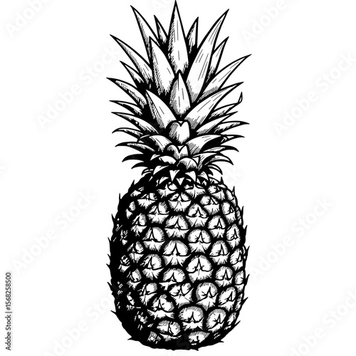 Exotic Pineapple in Monochrome: A meticulously illustrated pineapple stands tall, its detailed textures and spiky crown showcasing nature's elegant design in monochromatic splendor.