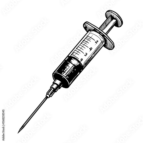 Medical Syringe: A detailed illustration of a medical syringe, meticulously rendered to emphasize its role in healthcare, medical procedure, and treatment.