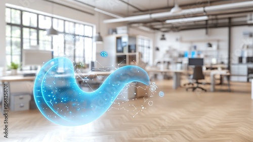 Abstract representation of a complex system overlaid on an office space.