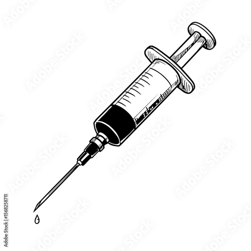 Medical Precision: A detailed illustration of a syringe, meticulously depicted, with a single drop suspended at the needle's tip, perfect for medical and healthcare themes.