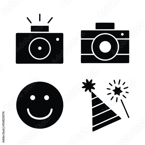 Black icons of cameras smiley face and party hat camera icon