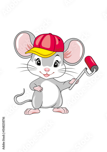Smiling mouse with a paint roller in his hand
