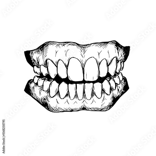 Dental Anatomy Sketch: A detailed, hand-drawn sketch of human teeth, showcasing the intricate structure and arrangement of each individual tooth, emphasizing the importance of oral health and hygiene.
