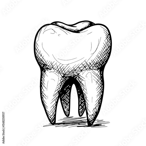 Tooth Anatomy: A detailed, artistic sketch highlighting the intricate structure of a single tooth, showcasing its roots and crown in black and white.