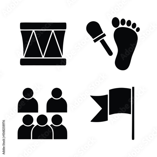 Black icons of drum footprint people and flag march