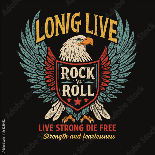 Long Live Rock and Roll Vintage Tee - Eagle Illustration Graphic for T-Shirts and Stickers - Music Festival Fashion