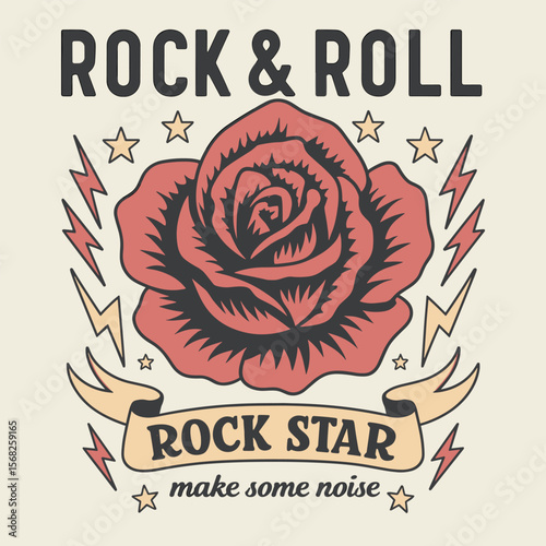 Rock and Roll Tour T-Shirt Print - Vintage Music Poster Design with Rose Flower Graphic Illustration - Band Merch Style