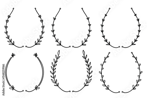 Hand drawn black floral and laurel wreath semicircle vector collection