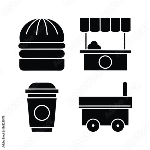 Black icons of food cart hamburger drink cup and snack cart