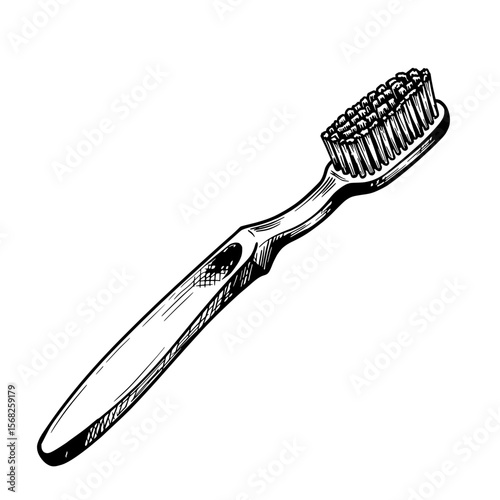 Simple Toothbrush: A detailed monochrome illustration of a toothbrush, showing its handle and bristles in a realistic artistic manner, highlighting the essential tool for daily oral care.