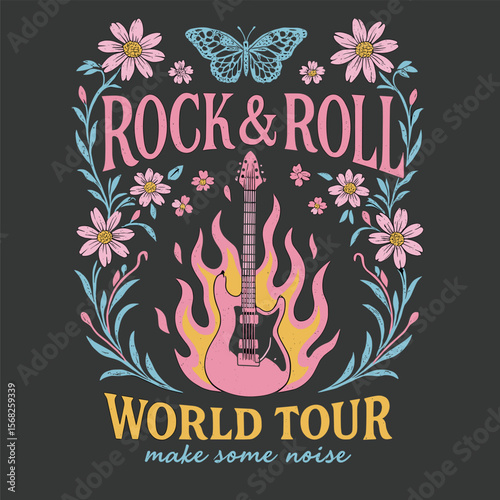 Heart rose guitar music poster – rock and roll world tour graphic design for apparel and stickers