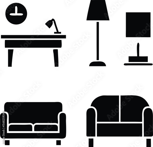 Black icons of furniture and desk with lamp sofa chair