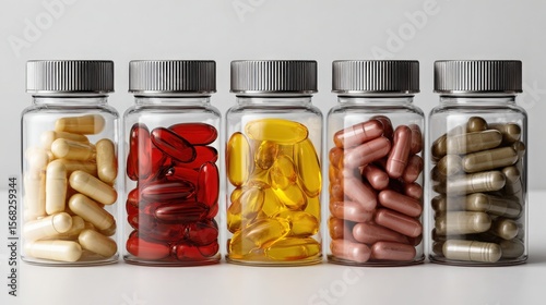 Five Glass Bottles Filled with Different Colored Capsules