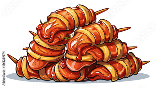 BBQ Bacon-Wrapped Shrimp, stacked neatly, each shrimp curled in crispy bacon, with sweet and spicy sauce, highlighted against a pure white table.