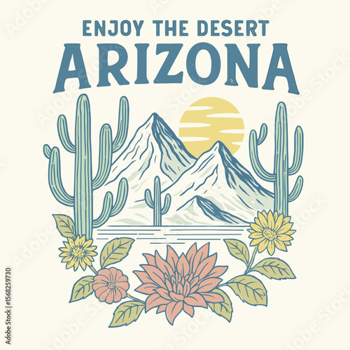 Cactus & Flower Desert Artwork - Arizona National Park Vibes Vector Print for T-Shirts, Stickers & Posters - Southwestern Graphic Design