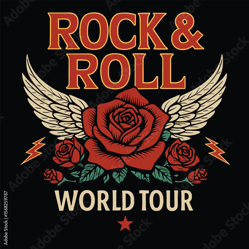 Rockstar Tour T-Shirt Print - Eagle Wing & Rose Flower Vector Artwork - Vintage Music Poster Graphic Design