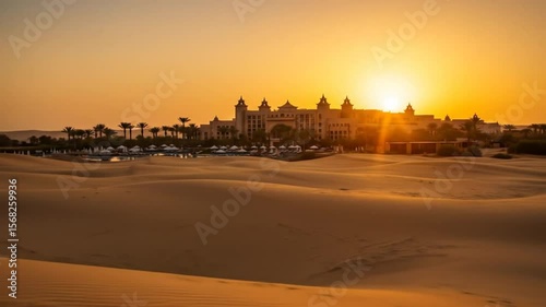 Golden sunset over desert resort complex dramatic landscape view