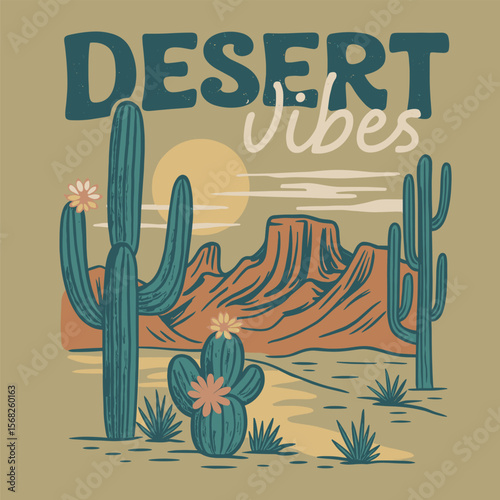 Arizona desert mountain with cactus flowers - southwestern vibes graphic print for fashion and decor
