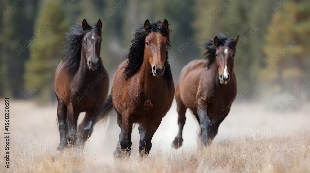 Fototapeta premium Wild horses galloping across a sun drenched meadow