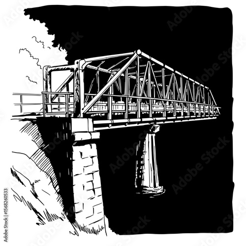 Railway Bridge: A striking monochrome illustration of a railway bridge, the strong lines and shadows highlighting its industrial design and the landscape.