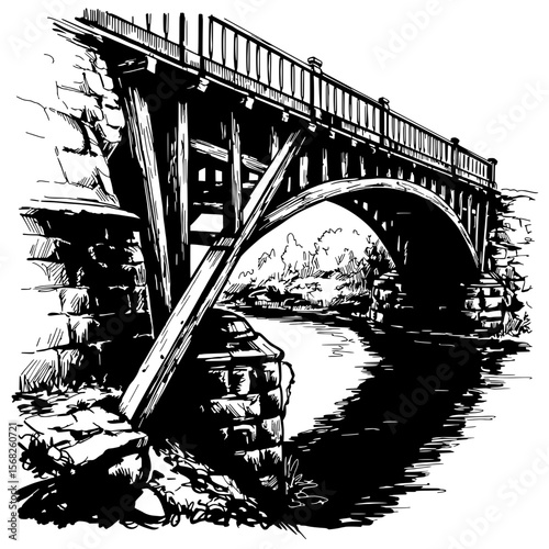 Bridge's Architecture: Witnessing an artistic architectural marvel of a rustic wooden bridge crossing a serene river, exuding a sense of history and structural ingenuity.