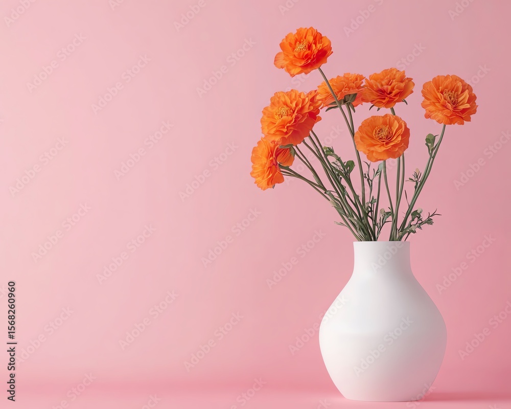 Obraz premium Orange Flowers in White Vase on Pink Background