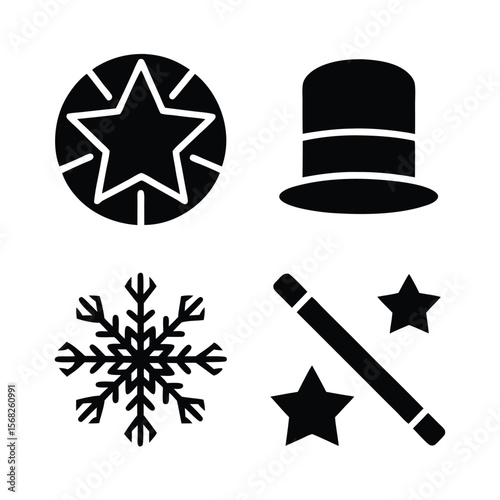Black magic hat snowflake wand and star icons top hat