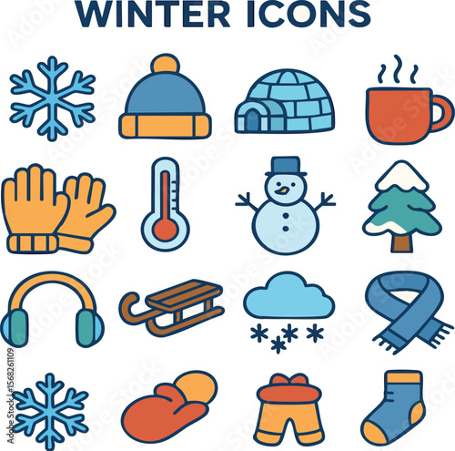 Winter icons set vector illustration with snowflake hat igloo mug gloves thermometer snowman tree on transparent background
