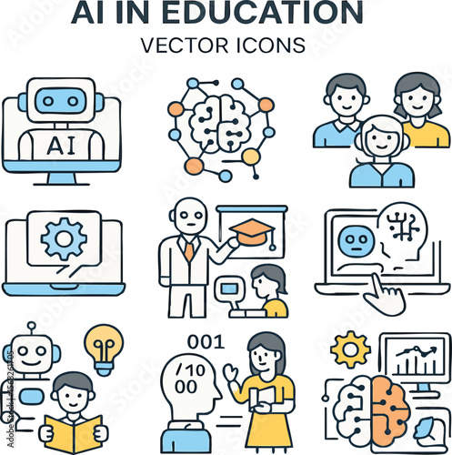 Ai in education vector icons artificial intelligence learning technology future education machine learning on transparent background