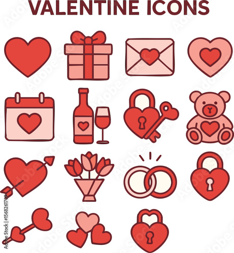 Valentine love heart gift present teddy bear rings flowers wine message padlock key icons vector set on transparent background