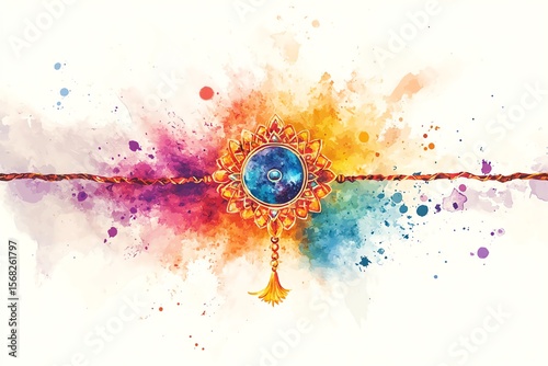 Raksha Bandhan vector greeting card design with watercolor background Stylized rakhi amulet illustration with typographic composition Watercolor uneven shape with stains Aquarelle