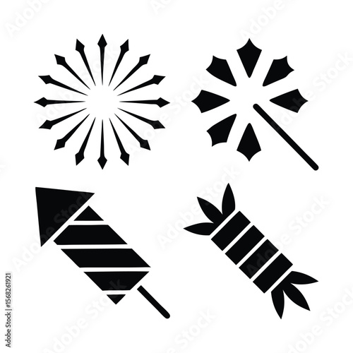Black silhouette fireworks and sparklers on white background